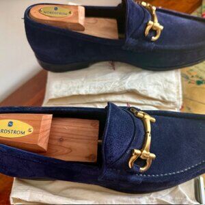 Men's SALVATORE FERRAGAMO Deep Navy Blue Suede Loafers, Gold, Sz US 9.5D, RT$795